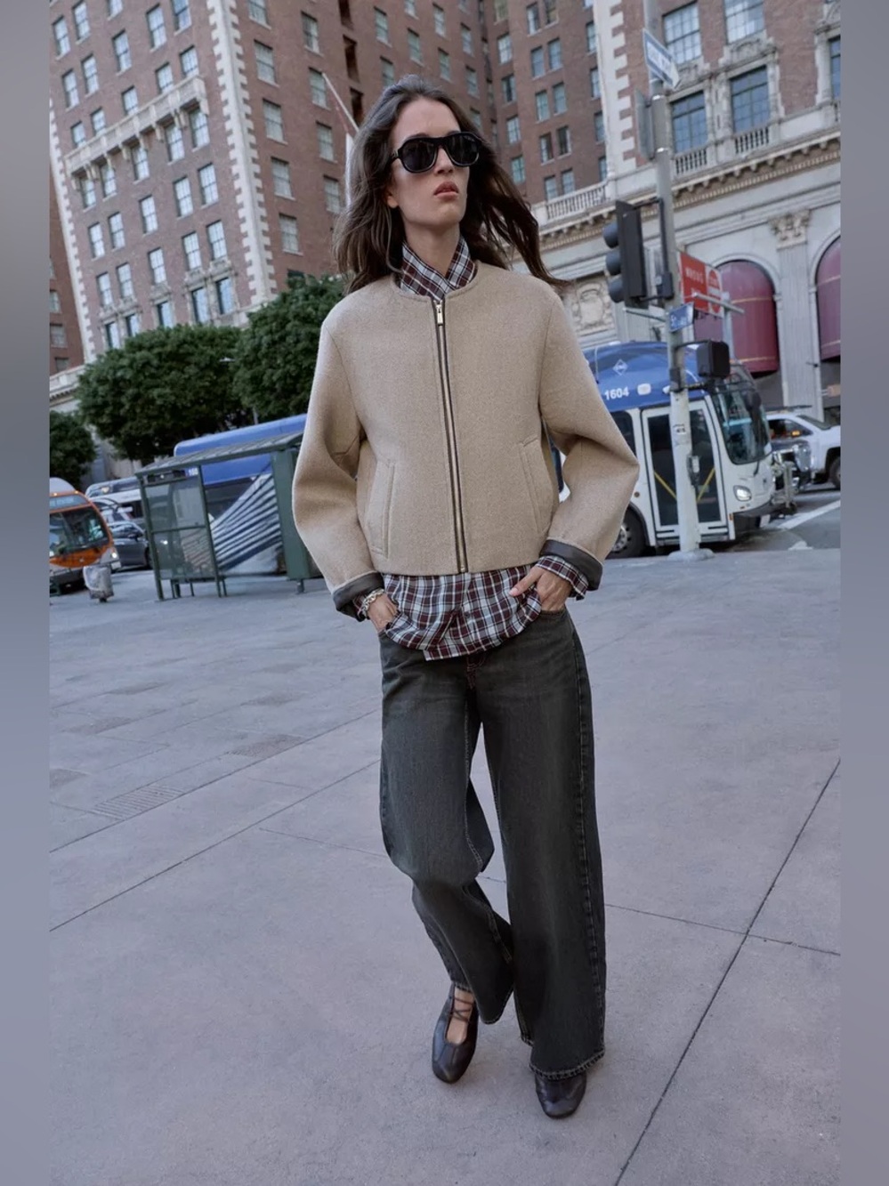 Zara Beige Cropped Jacket with Dark faux leather trim bomber. POP - Picture 9 of 12